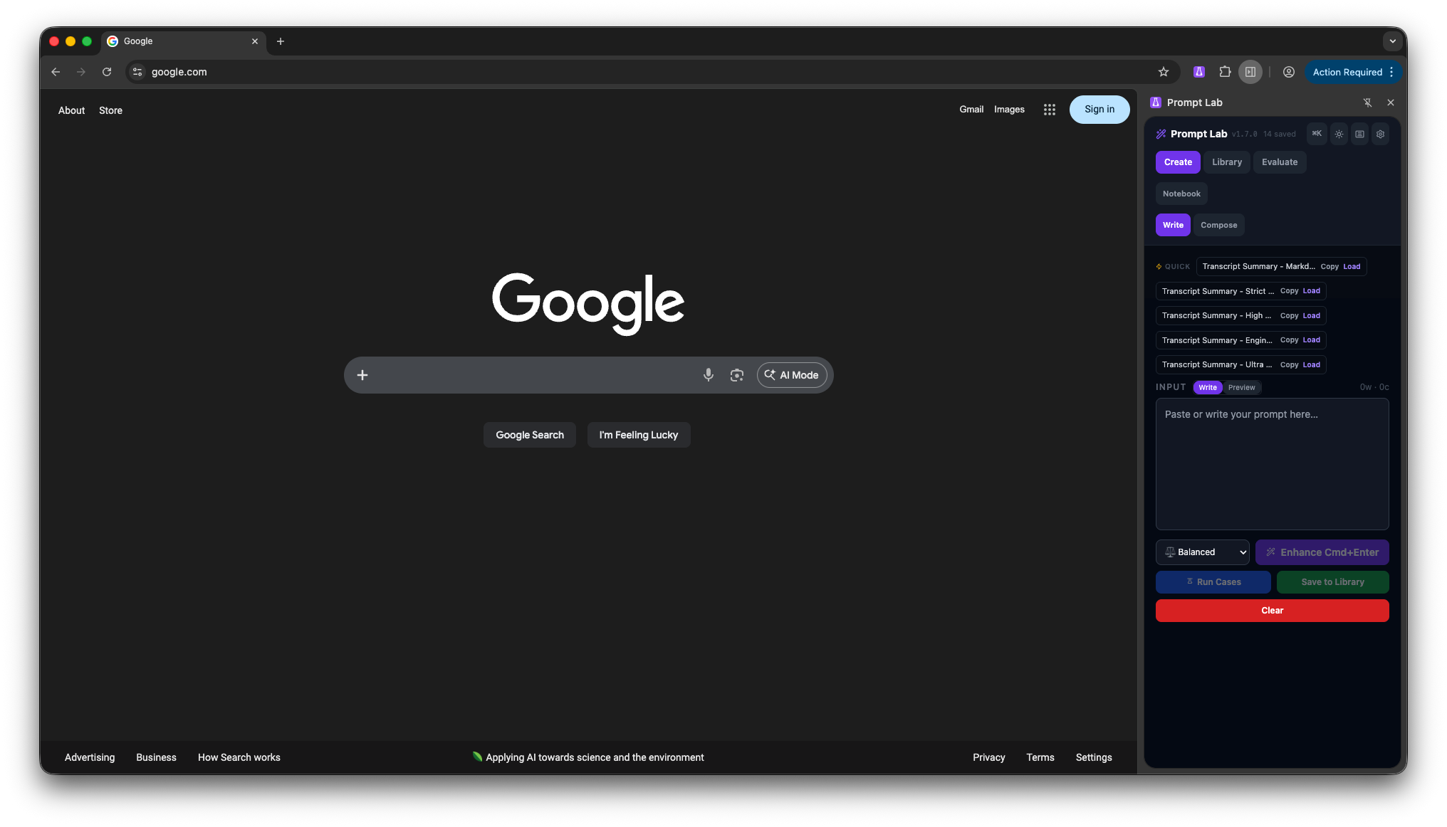 Prompt Lab extension running in Chrome sidebar